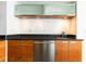 Close-up of modern kitchen with sleek wood cabinets, black granite countertops, and stainless steel dishwasher at 199 14Th Ne St # 412, Atlanta, GA 30309