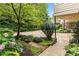 Backyard garden with a stone bird bath, hydrangeas and green shrubs at 1508 Brianwood Rd # 1508, Decatur, GA 30033