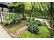 Backyard garden with hydrangeas, a stone bird bath and a white picket fence at 1508 Brianwood Rd # 1508, Decatur, GA 30033