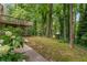 The backyard features a lush green space with mature trees and flowering hydrangeas, with a deck overlooking the scenery at 229 Devonwood Dr, Atlanta, GA 30328