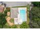 Aerial view of a community pool and playground with surrounding greenery and parking at 132 Lakeshore Dr, Roswell, GA 30075