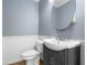 Stylish powder room features a pedestal sink with an oval mirror and a modern toilet at 2661 Fleur De Lis Pl, Atlanta, GA 30360
