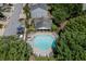 Aerial view shows a community pool with ample lounging area and easy access to parking at 2421 Elkhorn Ter, Duluth, GA 30096