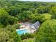 Aerial view featuring a sparkling pool and pergola, surrounded by trees and green landscape at 3786 Turnberry Ct, Duluth, GA 30096