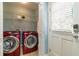 Functional laundry room equipped with modern washer and dryer units and storage shelves at 496 Rankin Ne St, Atlanta, GA 30308
