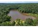 An aerial view of a tranquil community lake surrounded by lush green forest at 110 Serendipity Way, Dallas, GA 30157