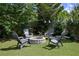 Backyard fire pit area with Adirondack seating, set amongst green grass and trees at 110 Serendipity Way, Dallas, GA 30157