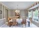 Formal dining room with striped wallpaper, chandelier, and large window at 1720 Monarch Ct, Cumming, GA 30041