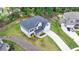 Aerial view of a two-story home with manicured lawns, a long driveway, and a white and gray exterior at 4056 Friendship Creek Dr, Buford, GA 30519