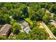 Aerial view showcasing a community pool, tennis court, parking, and green spaces with mature trees at 1404 N Crossing Ne Dr, Atlanta, GA 30329