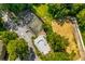Aerial view showcasing a community pool, tennis court, parking, and green spaces with mature trees at 1404 N Crossing Ne Dr, Atlanta, GA 30329