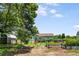 Backyard with garden beds, shed, trees, and lush greenery, creating a peaceful outdoor space at 107 Bowen Rd, Stockbridge, GA 30281