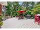 Inviting outdoor deck with red patio furniture, umbrella, and a grill, perfect for entertaining at 1135 Timberland Se Dr, Marietta, GA 30067