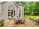 A stone patio in the backyard featuring lots of seating, a manicured lawn, and many trees at 1473 Cardova Pointe, Dunwoody, GA 30338