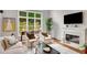 Bright living room featuring hardwood floors, a fireplace, comfortable seating, and a large window view at 1473 Cardova Pointe, Dunwoody, GA 30338