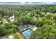 Aerial view of tennis courts and community pool in lush neighborhood with pond at 3545 Turtle Cove Se Ct, Marietta, GA 30067