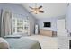 Calm main bedroom featuring vaulted ceilings, soft blue walls, and large windows for plenty of light at 585 Ashland Pkwy, Woodstock, GA 30189