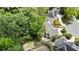 Aerial view of the property showcasing the backyard brick patio, lush greenery, and surrounding landscape at 3450 Merganser Ln, Alpharetta, GA 30022