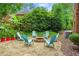 Stone patio featuring a circular fire pit surrounded by Adirondack chairs for cozy outdoor gatherings at 130 Silver Mist Cir, Alpharetta, GA 30022