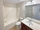 Standard bathroom with a tub, shower, single sink vanity, and neutral color scheme at 3695 Santa Rosa Way, Douglasville, GA 30135