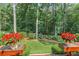 The backyard from the deck featuring green grass, beautiful greenery, and two red potted plants at 260 Waverly Hall Dr, Roswell, GA 30075