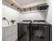 Modern laundry room with new black washer and dryer and storage at 5315 Bentley Hall Dr, Alpharetta, GA 30005