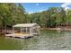 View of the boat dock on the lake, surrounded by lush trees at 307 Little Hickory Ln, Woodstock, GA 30189