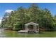 Well-maintained boat dock on the water, surrounded by lush trees at 307 Little Hickory Ln, Woodstock, GA 30189