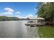 A covered dock extends into the serene lake, providing waterfront access and recreational opportunities at 307 Little Hickory Ln, Woodstock, GA 30189