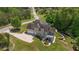 Aerial view of a well-maintained home, manicured lawn, and circular driveway in a peaceful neighborhood at 893 Somersby Dr, Dallas, GA 30157