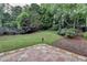 Backyard with a well-maintained lawn and a brick-laid patio bordered by landscaping at 5015 Riverthur Pl, Peachtree Corners, GA 30096