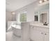 Bright bathroom featuring a soaking tub, single vanity with modern fixtures and natural light at 141 Frontier Way, Mcdonough, GA 30253