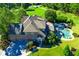 Stunning aerial view of a brick home featuring a backyard pool, patio, and a well-manicured lawn surrounded by lush greenery at 197 Westbrook Rd, Carrollton, GA 30116