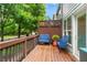 Outdoor deck area featuring wooden planks, lattice privacy screen, blue patio furniture, and shade trees at 2343 Limehurst Ne Dr, Atlanta, GA 30319