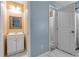 Compact bathroom with light-colored walls, vanity, mirror and a walk-in shower at 630 Birch River Ln, Lawrenceville, GA 30043