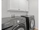 Laundry room featuring a modern washer and dryer, complemented by sleek, white cabinetry at 116 Eleanora Park, Loganville, GA 30052