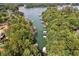 Picturesque view of a lake from above, featuring numerous docks and houses nestled along the tranquil shoreline at 3445 Strawberry Ln, Cumming, GA 30041