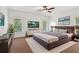 Main bedroom features a ceiling fan, sitting area, large windows and neutral carpet at 3445 Strawberry Ln, Cumming, GA 30041
