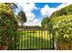 Wrought-iron gate covered in greenery opening into a beautiful, fenced backyard at 1502 Campground Rd, Mcdonough, GA 30252