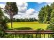 Scenic view of a lush green field from a porch, with mature trees and a bright blue sky at 1502 Campground Rd, Mcdonough, GA 30252