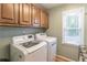 Bright laundry room features modern appliances, natural light from the window, and built in cabinet storage at 366 Coopers Pond Dr, Lawrenceville, GA 30044