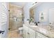 Elegant bathroom featuring a granite countertop, walk-in shower, and stylish fixtures at 8430 Merion Drive, Duluth, GA 30097