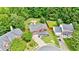 Aerial view of a well-maintained home with a large yard, mature trees, and a circular driveway at 5388 Silver Springs Dr, Sugar Hill, GA 30518