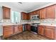 Well-equipped kitchen featuring dark cabinetry, updated appliances, and a stylish backsplash at 750 Ambrose Ln, Atlanta, GA 30349