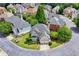 Aerial view of a beautiful home with well-manicured lawns, mature trees, and a circular driveway in a suburban neighborhood at 2459 Chestnut Lndg, Atlanta, GA 30360
