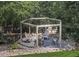 Charming backyard gazebo with comfortable seating, surrounded by lush trees and decorative rock landscaping at 310 River Birch Ct, Canton, GA 30114