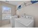 Bright laundry room with a window, featuring a washer, dryer, and shelving at 6057 Glencedar Ln, Atlanta, GA 30349