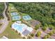 A community pool, tennis courts, baseball field and playgrounds can be seen from above at 3026 Towne Mill Ave, Canton, GA 30114