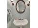 Powder room with pedestal sink and decorative mirror at 407 Amber Ln, Woodstock, GA 30189