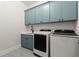 Laundry room with blue cabinets, a gray patterned floor, a sink, and white machines at 6750 Pannell Rd, Buford, GA 30518